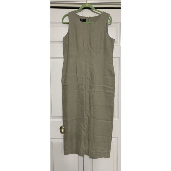 Vintage Spenser Jeremy 100% Linen Maxi Dress 14 Olive Green Quiet Luxury - Picture 1 of 7